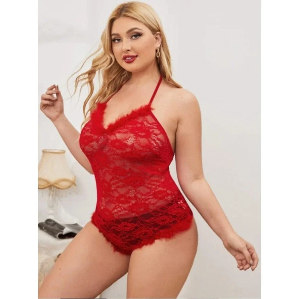 16 Plus (2X) Red Faux Fur Trim - Floral Lace - High Stretch Teddy Bodysuit